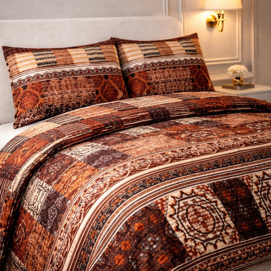 Comforter 4 Pcs Velor Front Fitted Set Poly Bag - Dark Brown Colour