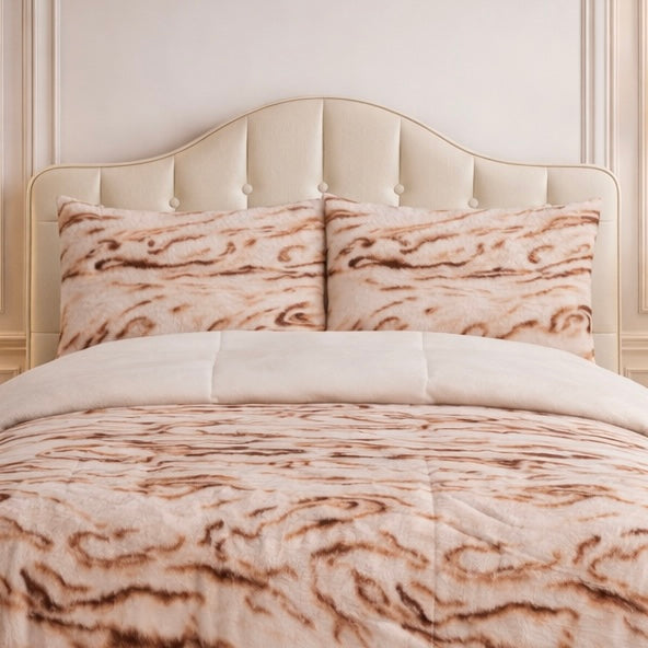 Comforter 4 Pcs Silk Skin Rev Fitted Set - Off-White & Brown Colour