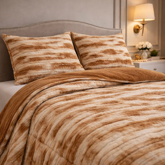 Levora Comfort Printed 4 Pcs Revers Fitted Comforter Set - Brown Colour