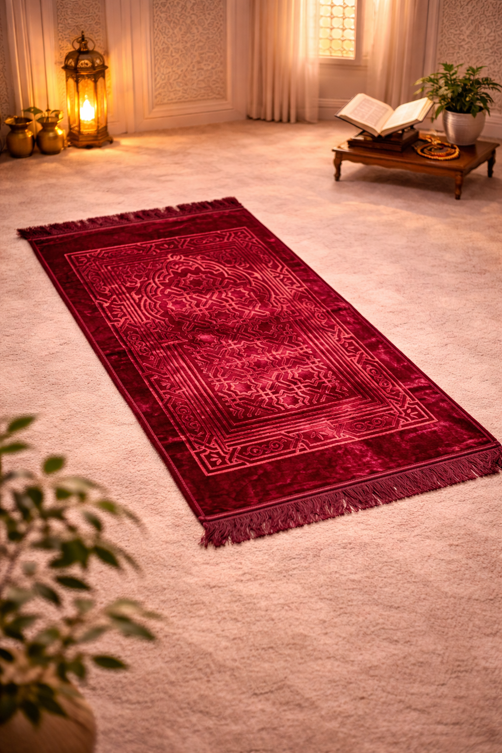 Qibla Noor Signature Solid Prayer Mate - Ruby Red Colour