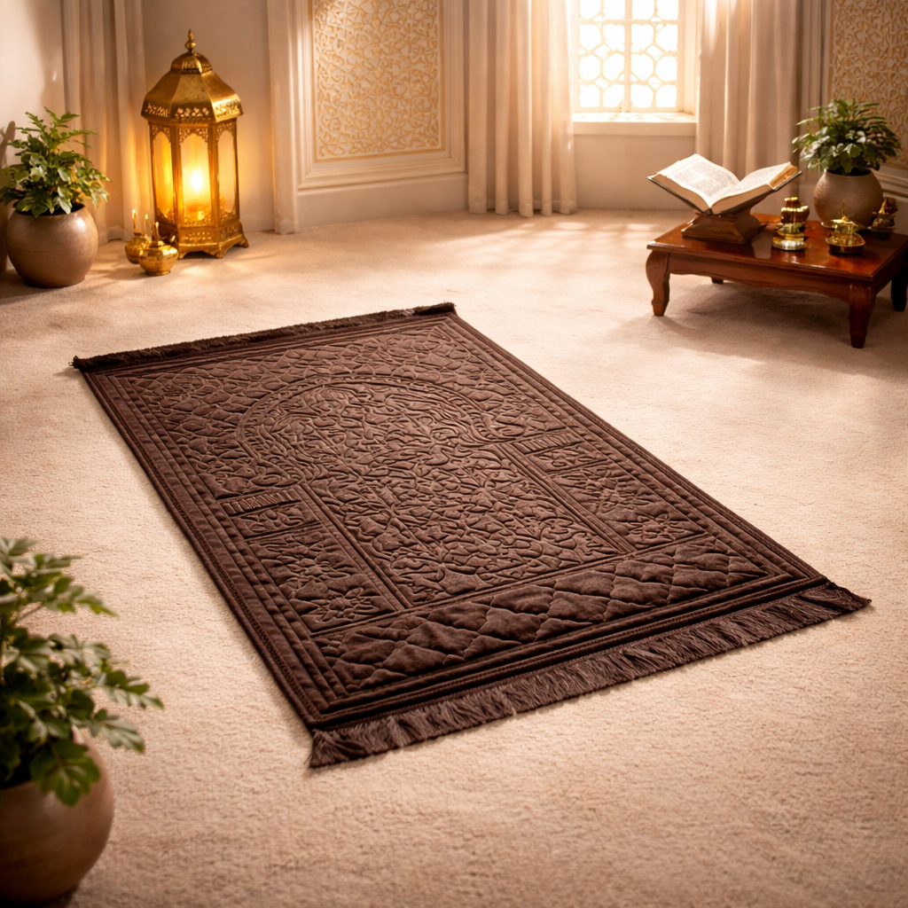 Qiswa Royale Embossed Prayer Mat - Brown Colour