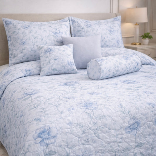 Moon Soft Luxe Series 8 Pcs Quilted Bed Spread Set Poly Bag - White Blue Colour
