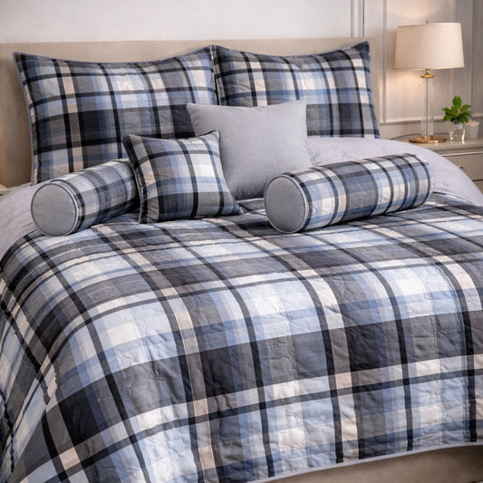 Moon Soft Luxe Series 8 Pcs Quilted Bed Spread Set Poly Bag - Blue Colour