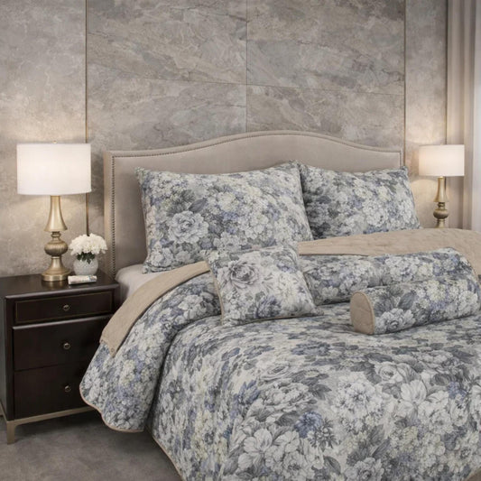 Verdant Leaf Quilted 7 Pcs Bed Spread Set Poly Bag - Dark Gray Colour