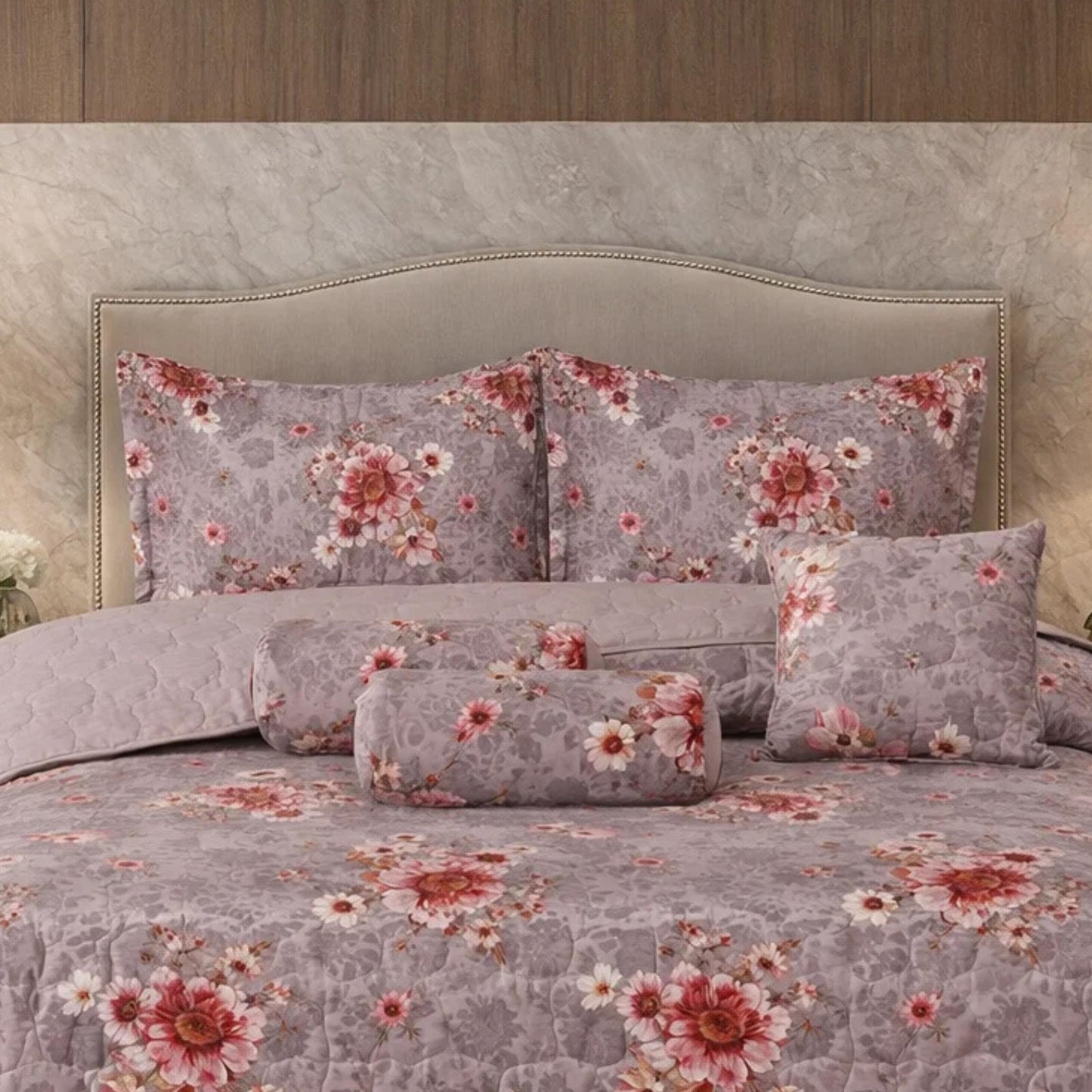 Verdant Leaf Quilted 7 Pcs Bed Spread Set Poly Bag - Light Pink Colour