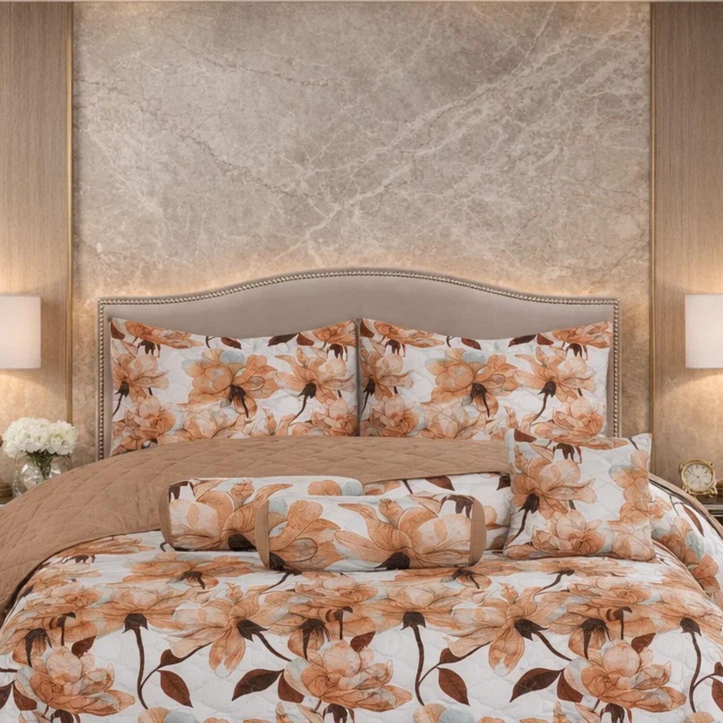 Verdant Leaf Quilted 7 Pcs Bed Spread Set Poly Bag - Honey Mustard Colour