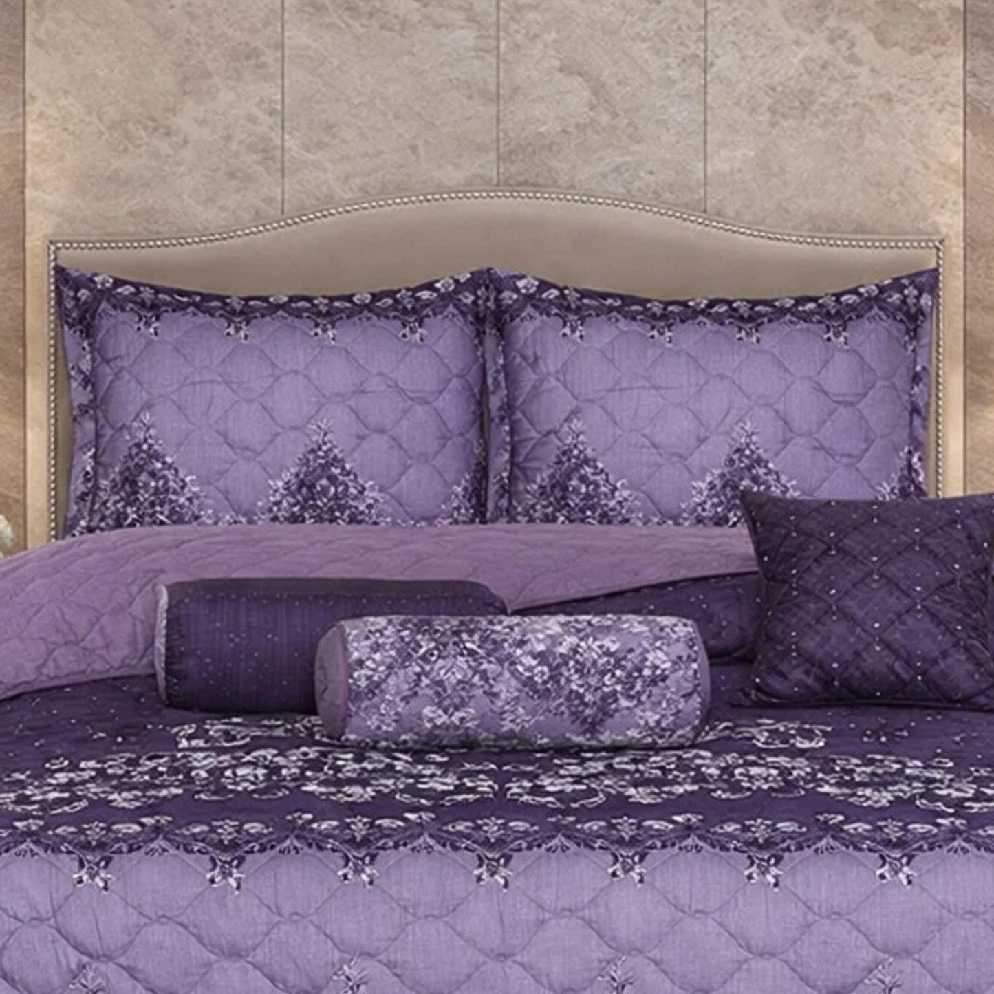 Verdant Leaf Quilted 7 Pcs Bed Spread Set Poly Bag - Purple Colour