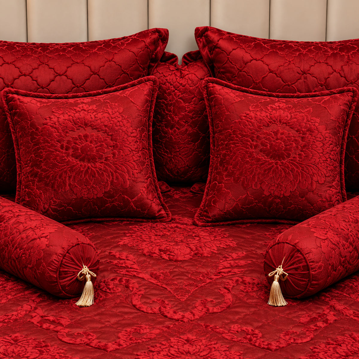 Softelle Bed Cover 9 Pcs Bridal Set - Mahroon Colour