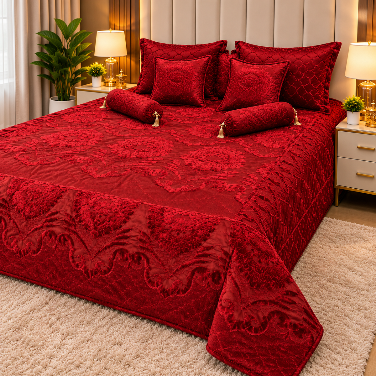 Softelle Bed Cover 9 Pcs Bridal Set - Mahroon Colour