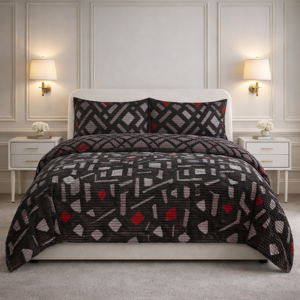 Comforter 4 Pcs Velor Front Fitted Set Poly Bag - Charcoal Black Colour