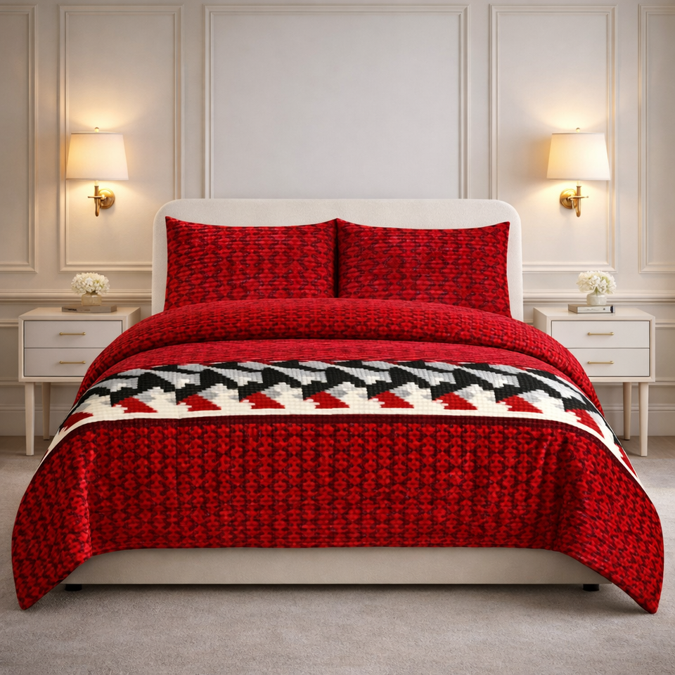 Comforter 4 Pcs Velor Front Fitted Set Poly Bag - Dark Red Colour