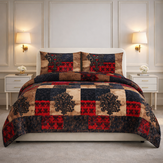 Comforter 4 Pcs Velor Front Fitted Set Poly Bag - Checkered Colour