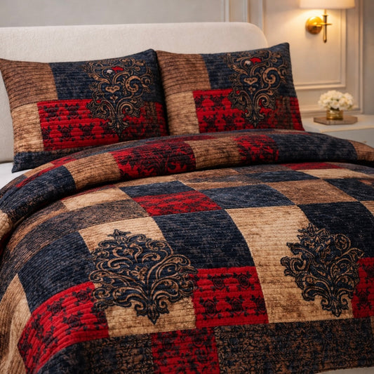 Comforter 4 Pcs Velor Front Fitted Set Poly Bag - Checkered Colour