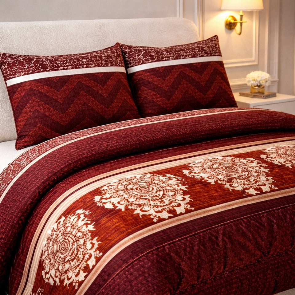 Comforter 4 Pcs Velor Front Fitted Set Poly Bag - Mahroon Colour