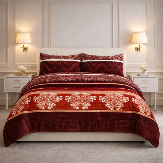 Comforter 4 Pcs Velor Front Fitted Set Poly Bag - Mahroon Colour