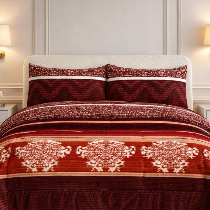 Comforter 4 Pcs Velor Front Fitted Set Poly Bag - Mahroon Colour