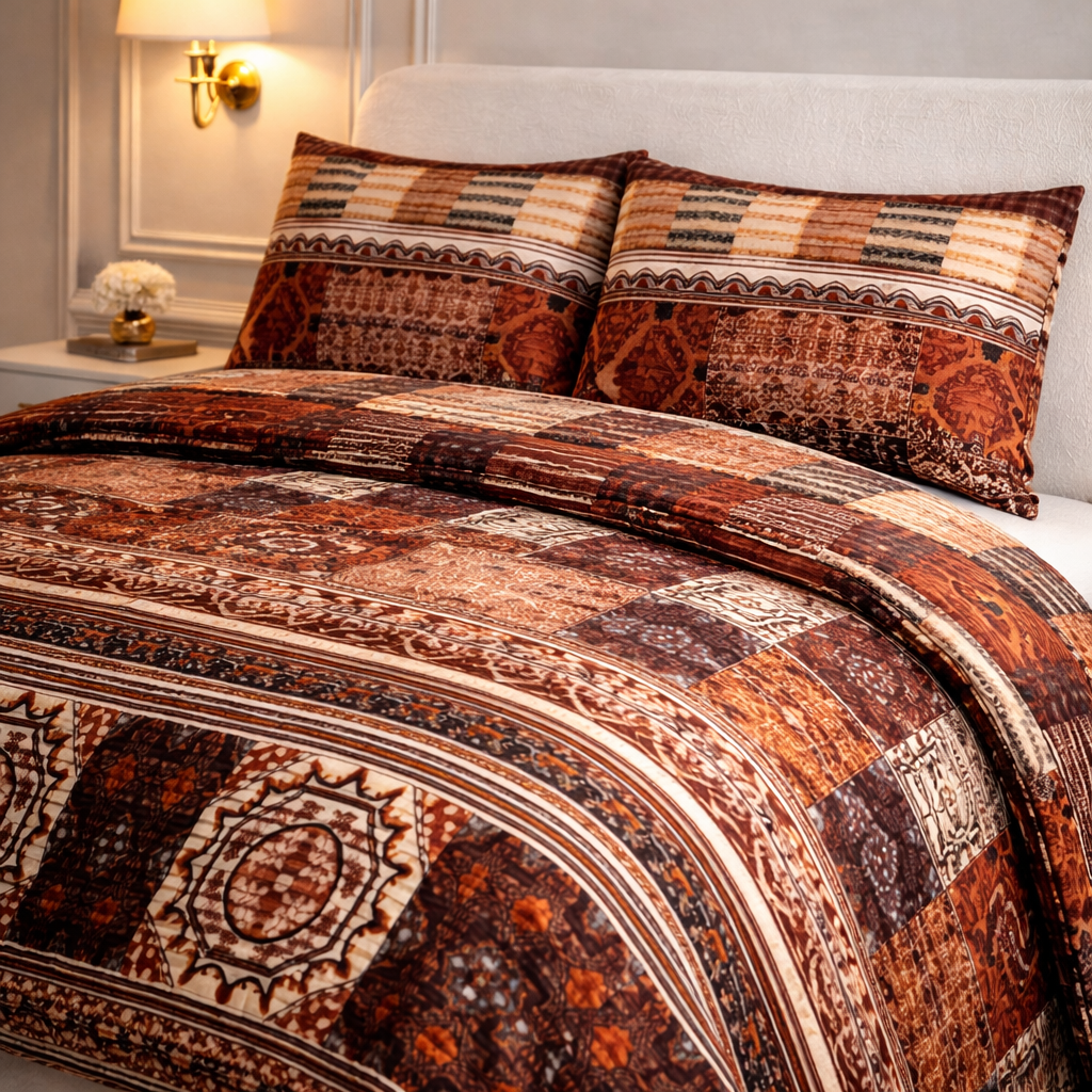 Comforter 4 Pcs Velor Front Fitted Set Poly Bag - Dark Brown Colour