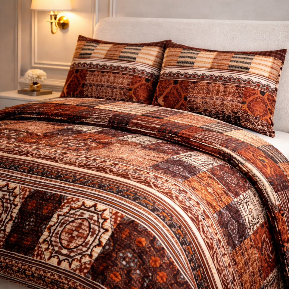 Comforter 4 Pcs Velor Front Fitted Set Poly Bag - Dark Brown Colour