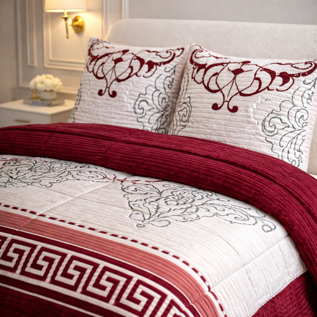 Comforter 4 Pcs Velor Front Fitted Set Poly Bag - Crimson Berry Colour