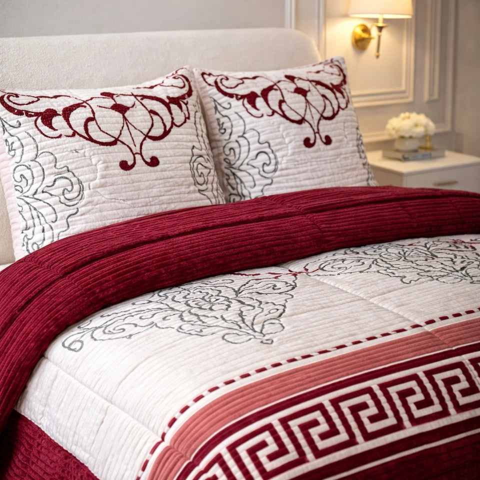 Comforter 4 Pcs Velor Front Fitted Set Poly Bag - Crimson Berry Colour