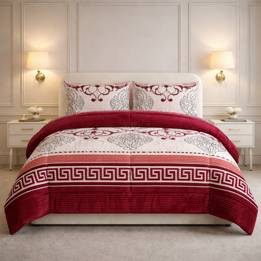 Comforter 4 Pcs Velor Front Fitted Set Poly Bag - Crimson Berry Colour