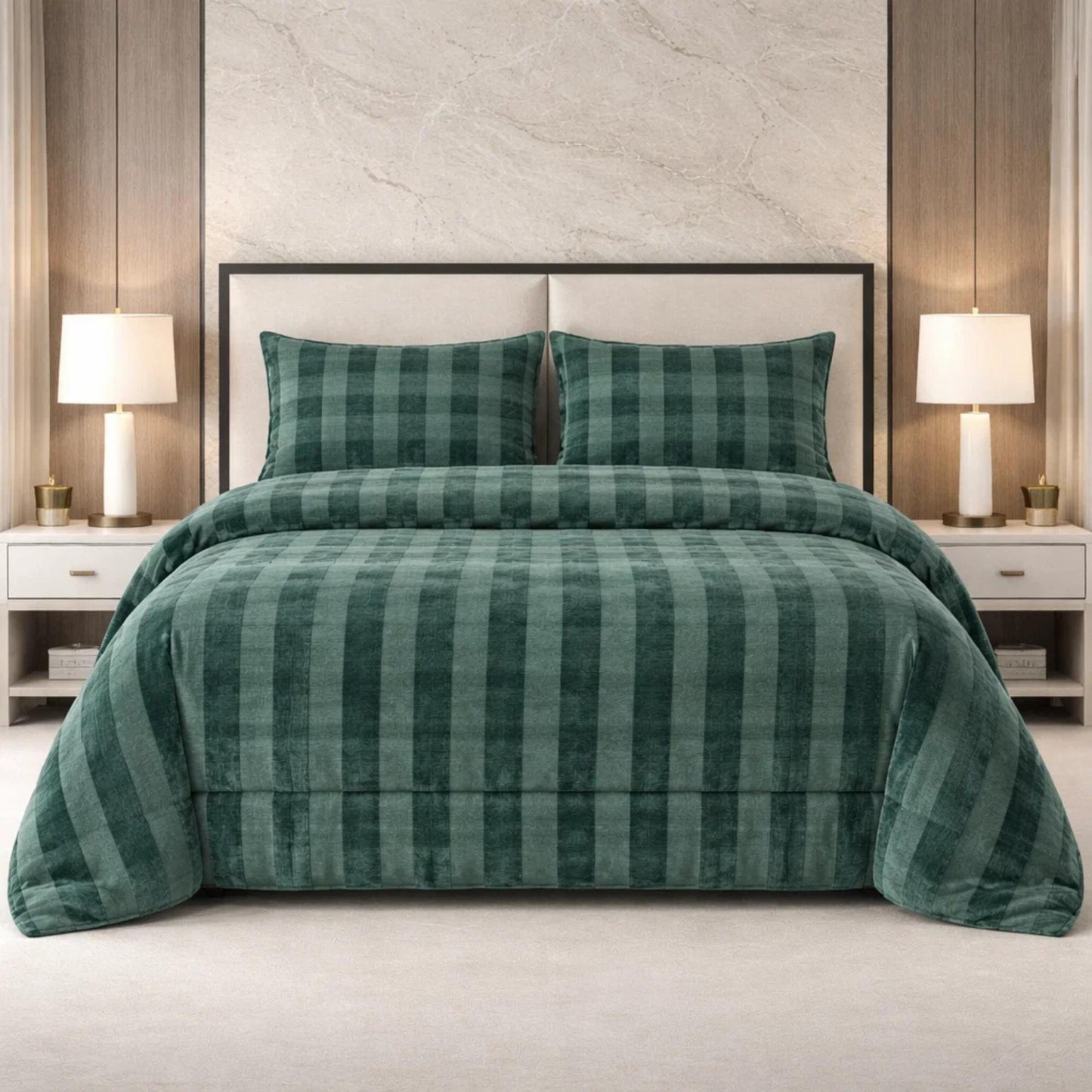 Comforter 4 Pcs Set Ornate Carve Poly Bag -  Dark Green Colour