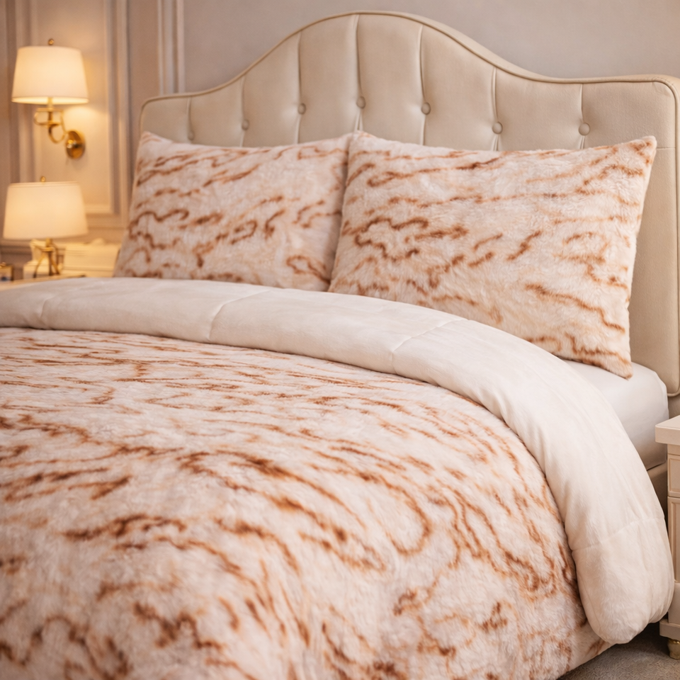 Comforter 4 Pcs Silk Skin Rev Fitted Set - Off-White & Brown Colour