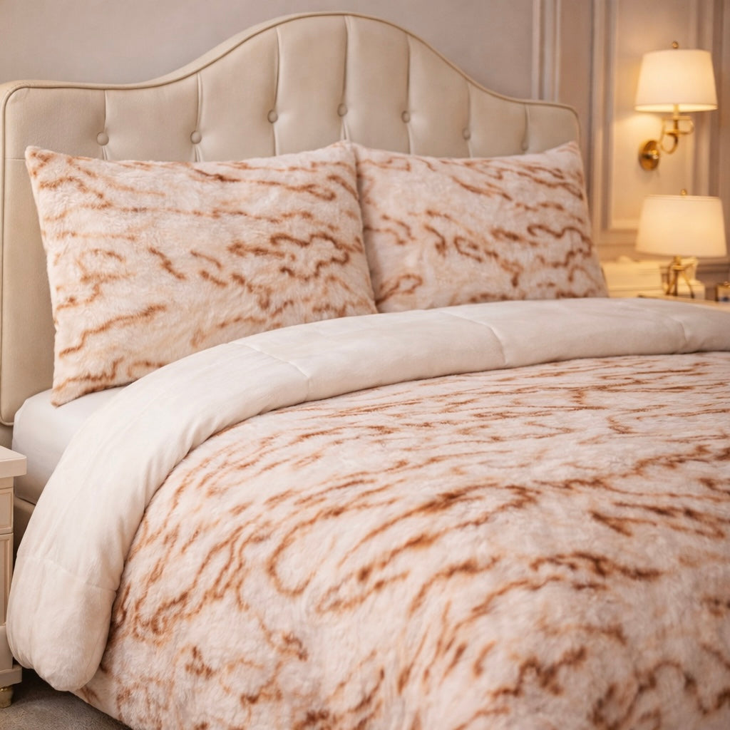 Comforter 4 Pcs Silk Skin Rev Fitted Set - Off-White & Brown Colour