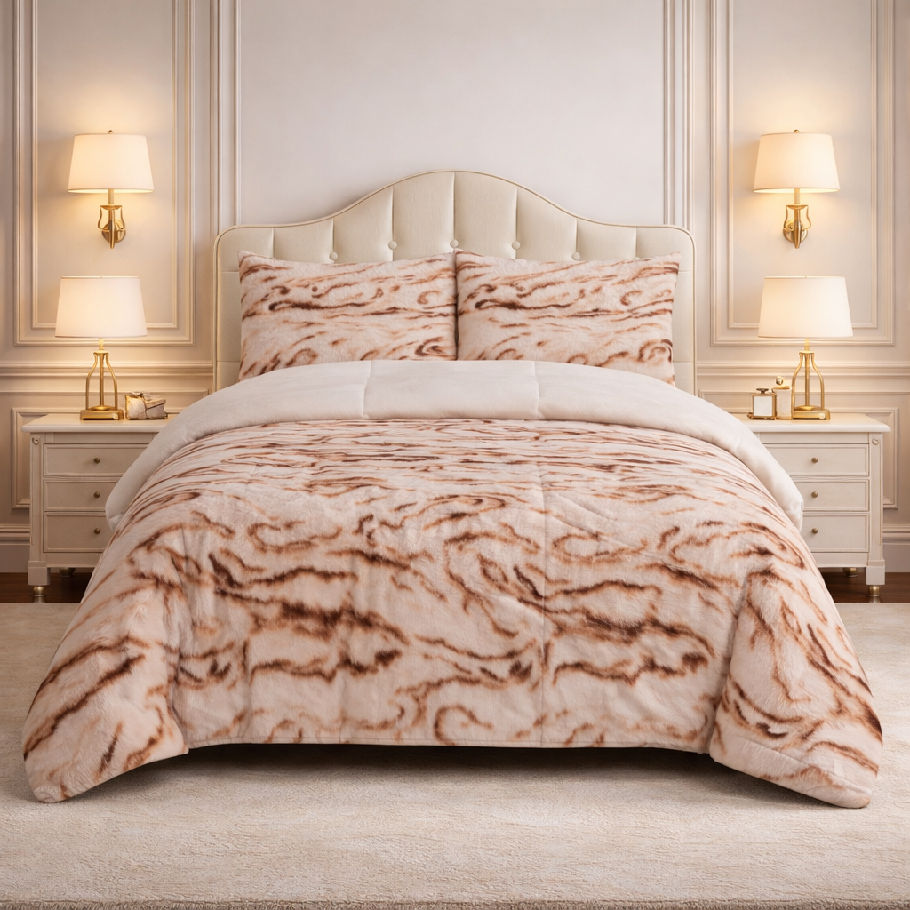 Comforter 4 Pcs Silk Skin Rev Fitted Set - Off-White & Brown Colour