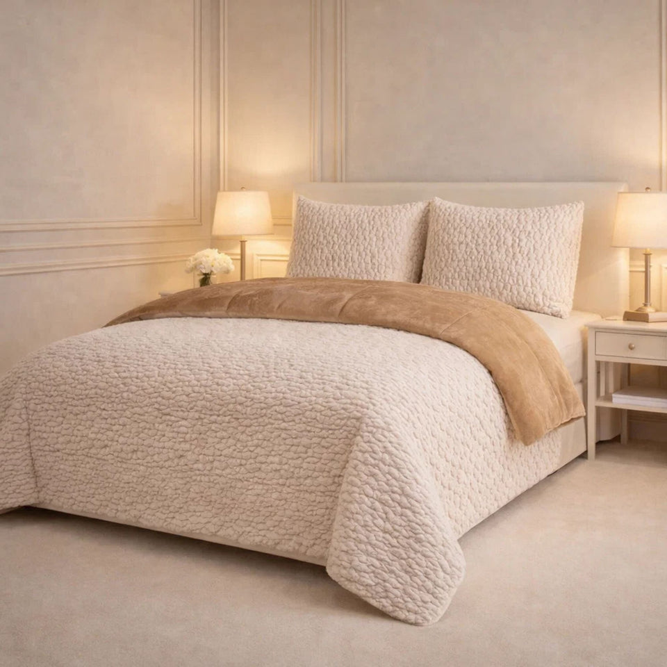 Comforter 4 Pcs Set Lumi Carve Prestige Top Fitted Bedsheet Poly Bag - Oatmeal Colour