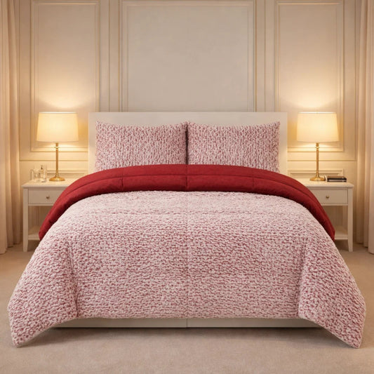 Comforter 4 Pcs Set Lumi Carve Prestige Top Fitted Bedsheet Poly Bag - Pink & Red Colour