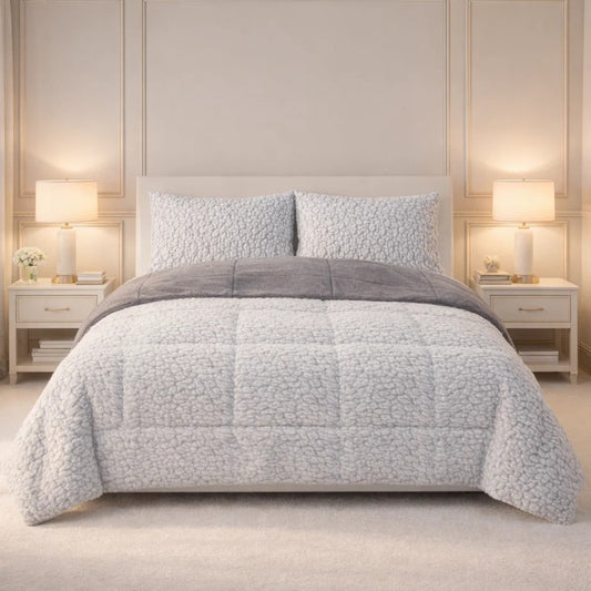 Comforter 4 Pcs Set Lumi Carve Prestige Top Fitted Bedsheet Poly Bag - Gray & White Colour