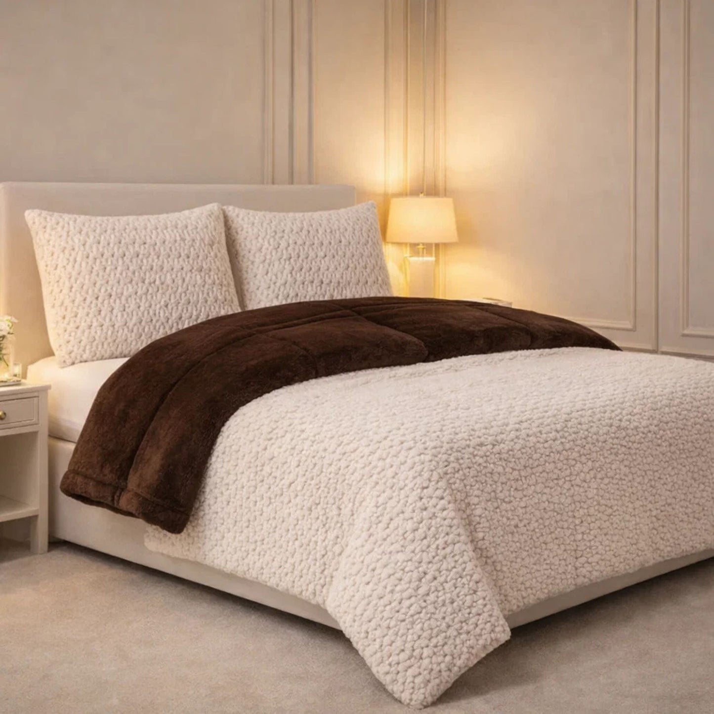 Comforter 4 Pcs Set Lumi Carve Prestige Top Fitted Bedsheet Poly Bag - Oatmeal & Brown Colour