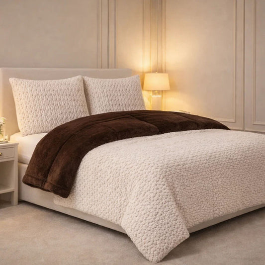 Comforter 4 Pcs Set Lumi Carve Prestige Top Fitted Bedsheet Poly Bag - Oatmeal & Brown Colour