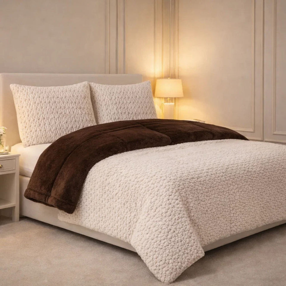 Comforter 4 Pcs Set Lumi Carve Prestige Top Fitted Bedsheet Poly Bag - Oatmeal & Brown Colour