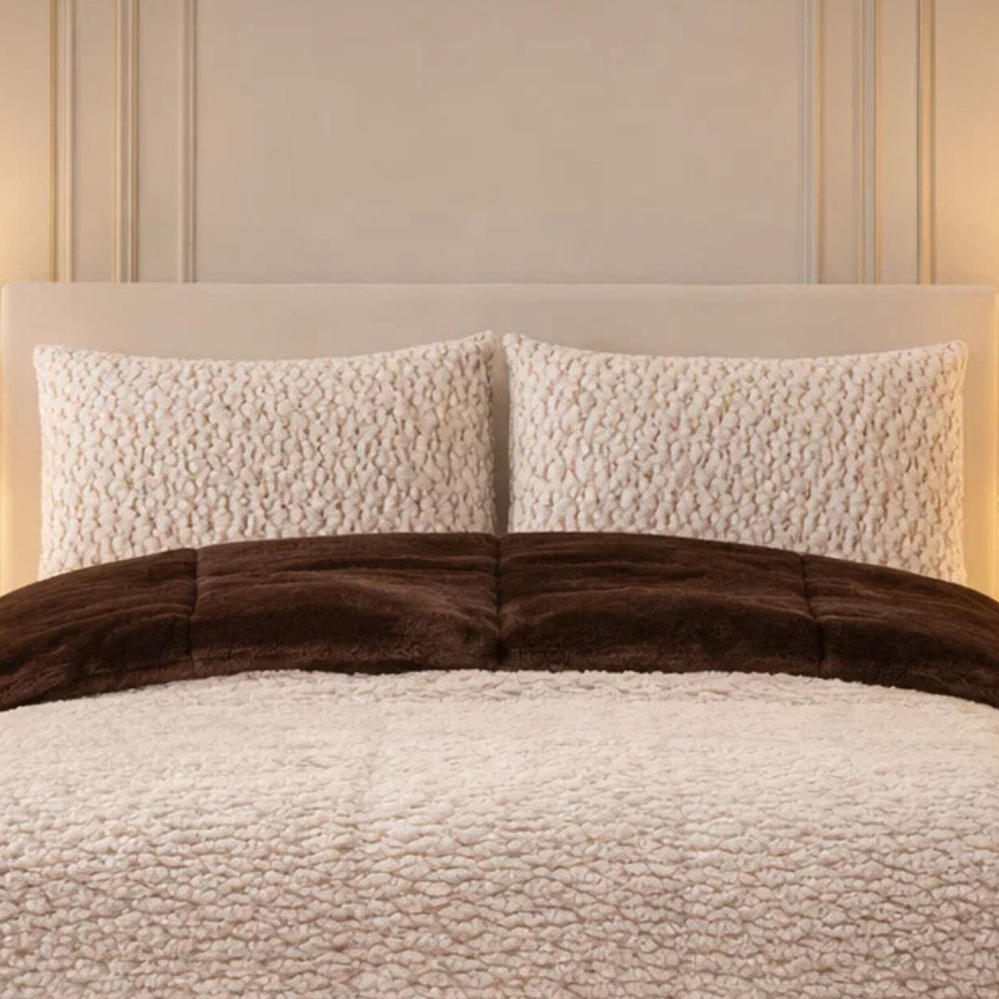 Comforter 4 Pcs Set Lumi Carve Prestige Top Fitted Bedsheet Poly Bag - Oatmeal & Brown Colour