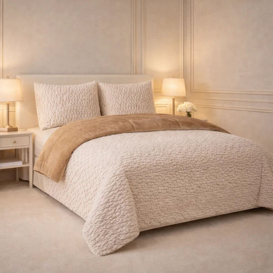Comforter 4 Pcs Set Lumi Carve Prestige Top Fitted Bedsheet Poly Bag - Oatmeal Colour