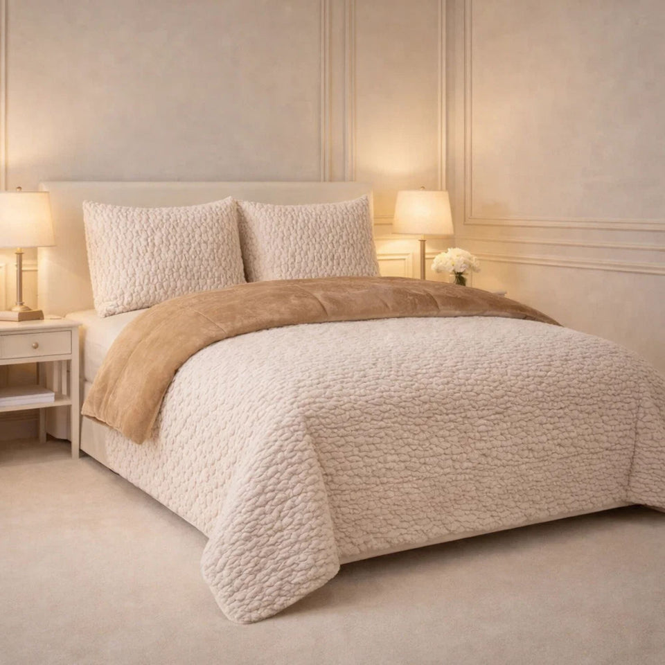 Comforter 4 Pcs Set Lumi Carve Prestige Top Fitted Bedsheet Poly Bag - Oatmeal Colour