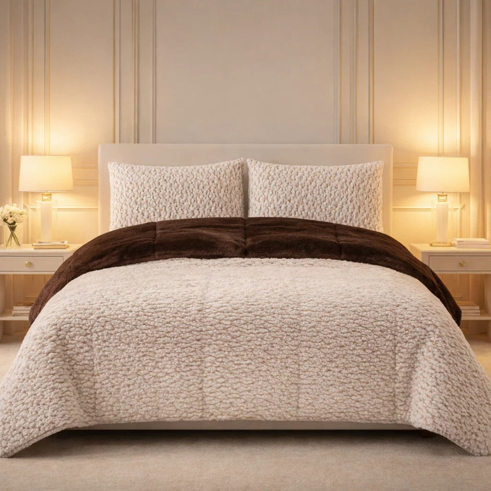 Comforter 4 Pcs Set Lumi Carve Prestige Top Fitted Bedsheet Poly Bag - Oatmeal & Brown Colour
