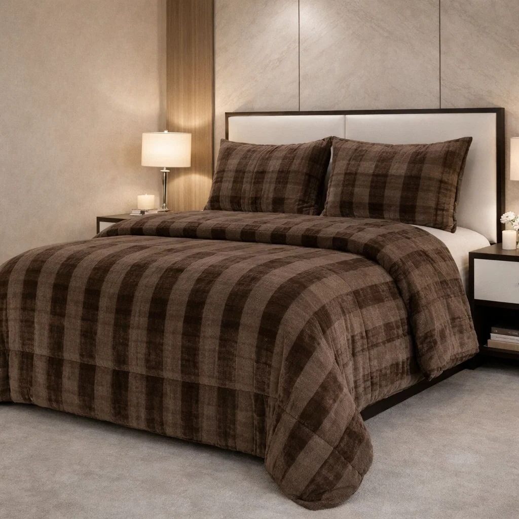 Comforter 4 Pcs Set Ornate Carve Poly Bag - Brown Colour