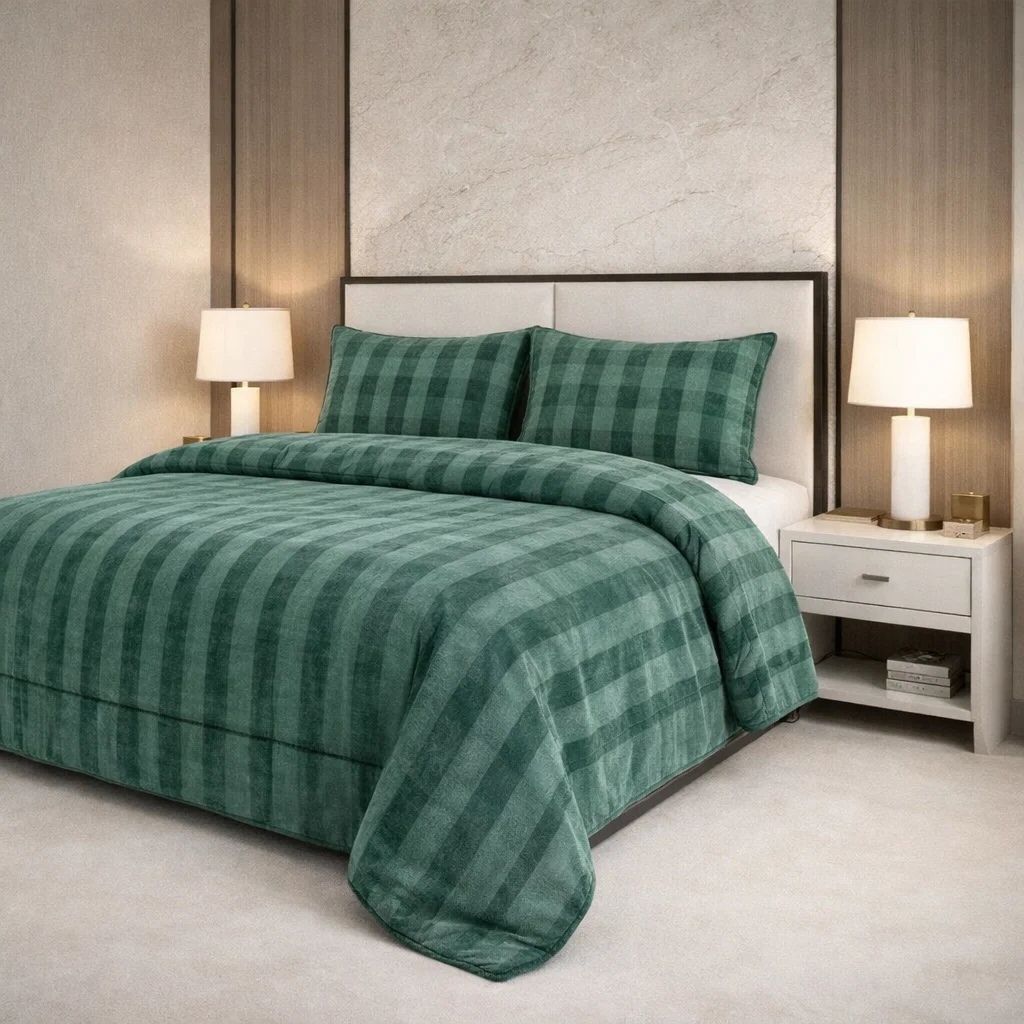 Comforter 4 Pcs Set Ornate Carve Poly Bag -  Dark Green Colour