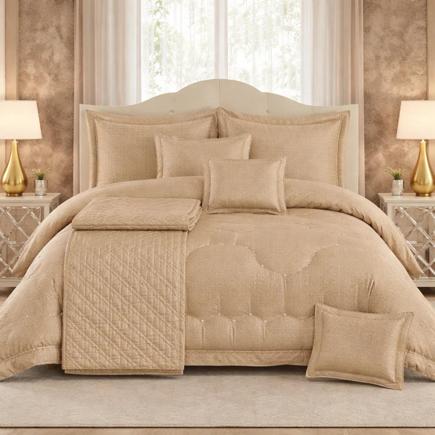 Comforter 9 Pcs Set Honey Weave Luxe Poly Bag - Beige Colour