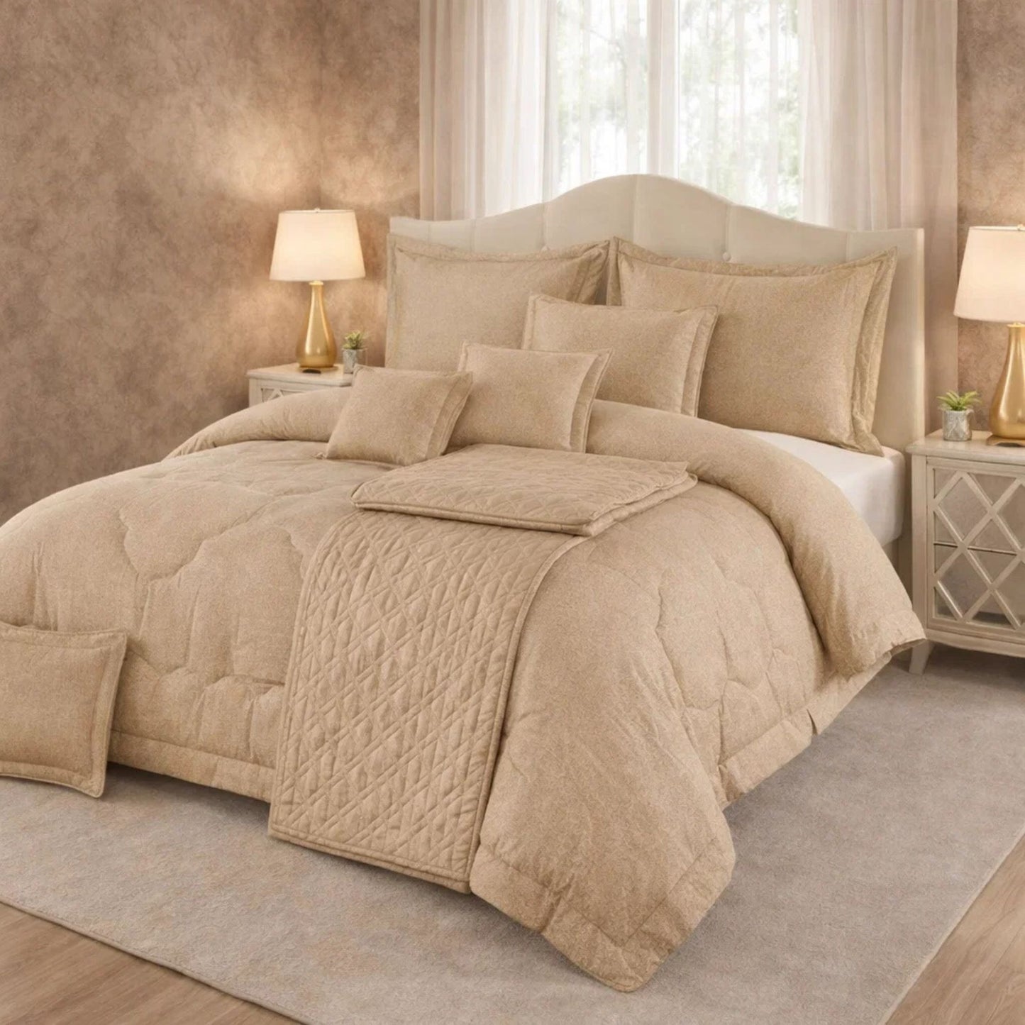 Comforter 9 Pcs Set Honey Weave Luxe Poly Bag - Beige Colour