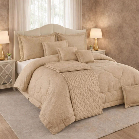 Comforter 9 Pcs Set Honey Weave Luxe Poly Bag - Beige Colour