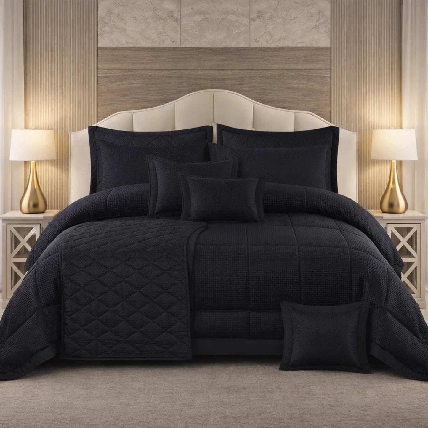 Comforter 9 Pcs Set Honey Weave Luxe Poly Bag - Black Colour