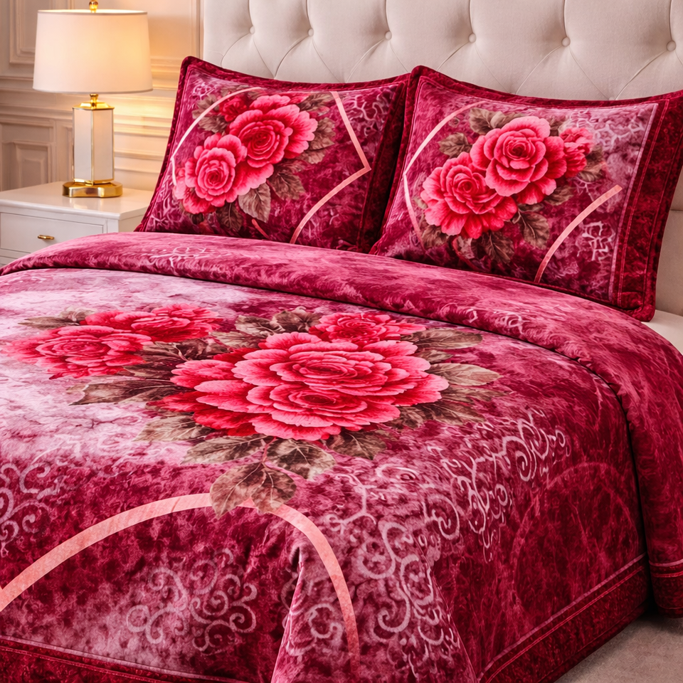 Estella Signature  3 Pcs Bed Spread Set Box - Crimson berry Colour
