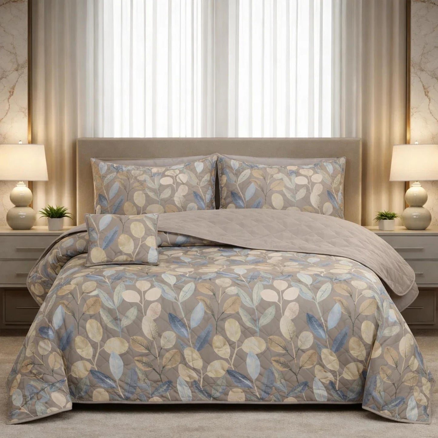 Gold Living Signature Quilted 5 Pcs Bed Spread Set Poly Bag - Beige Colour