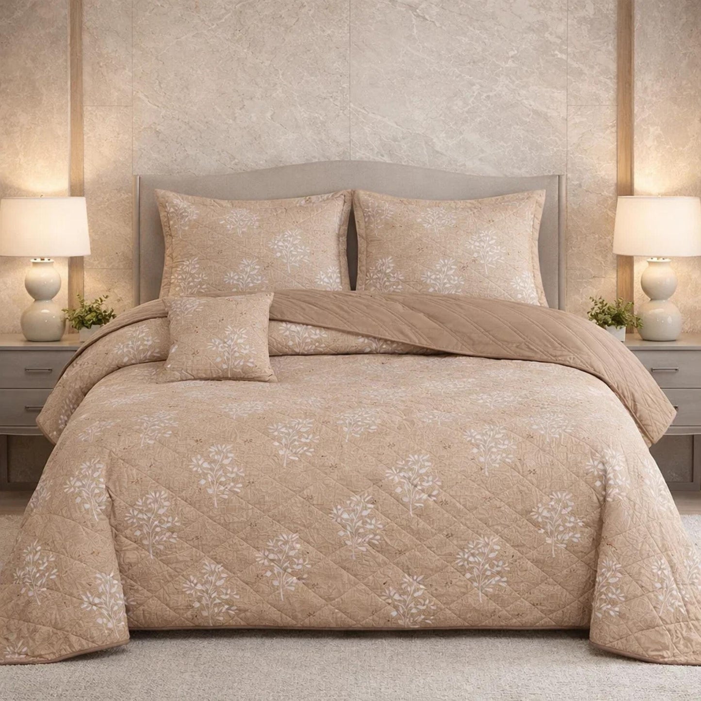 Gold Living Signature Quilted 5 Pcs Bed Spread Set Poly Bag - Bronze Colour