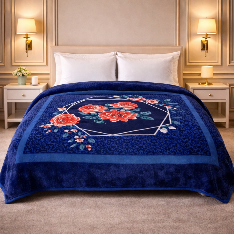 Florent Weave Double Bed 2 Ply Blanket in Poly Bag - Navy Blue Colour
