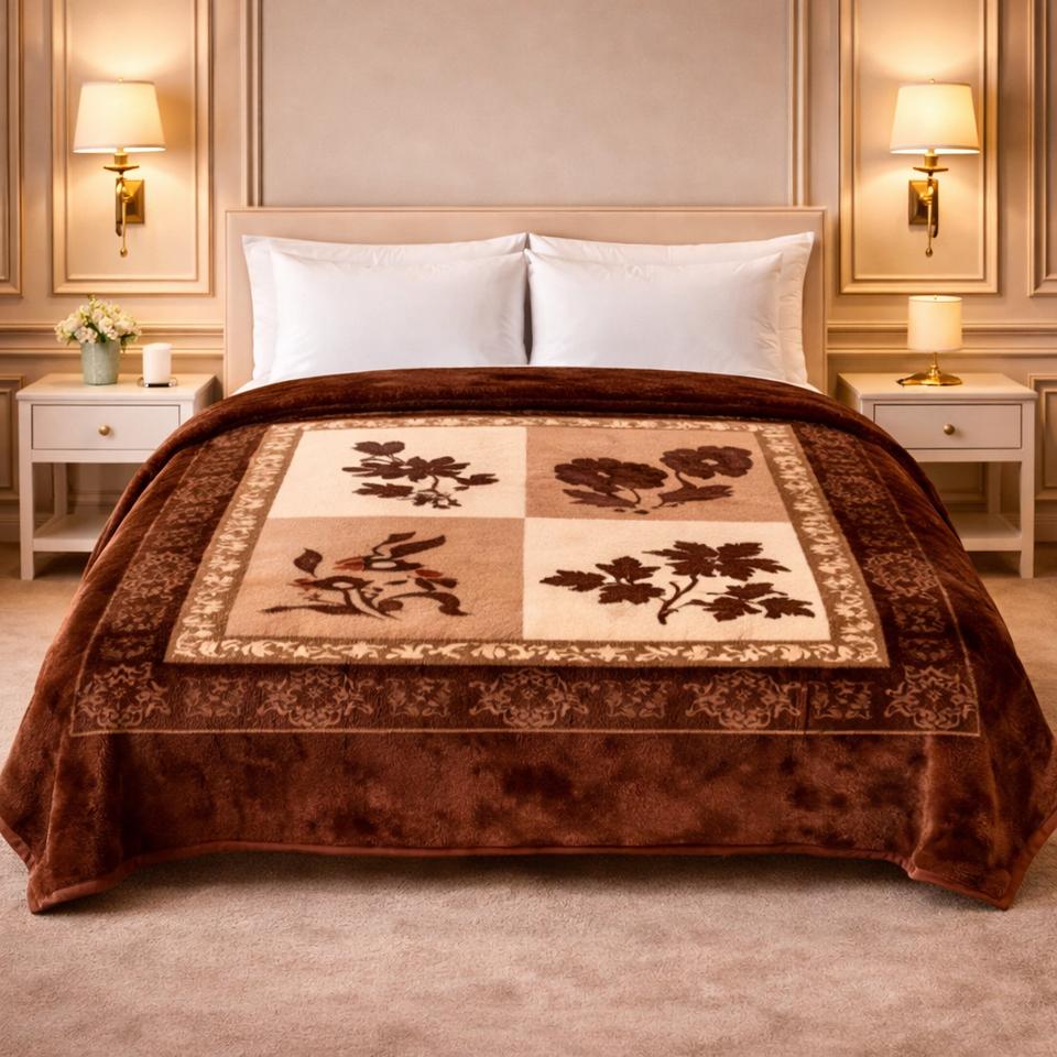 Florent Weave Double Bed 2 Ply Blanket in Poly Bag - Brown Colour
